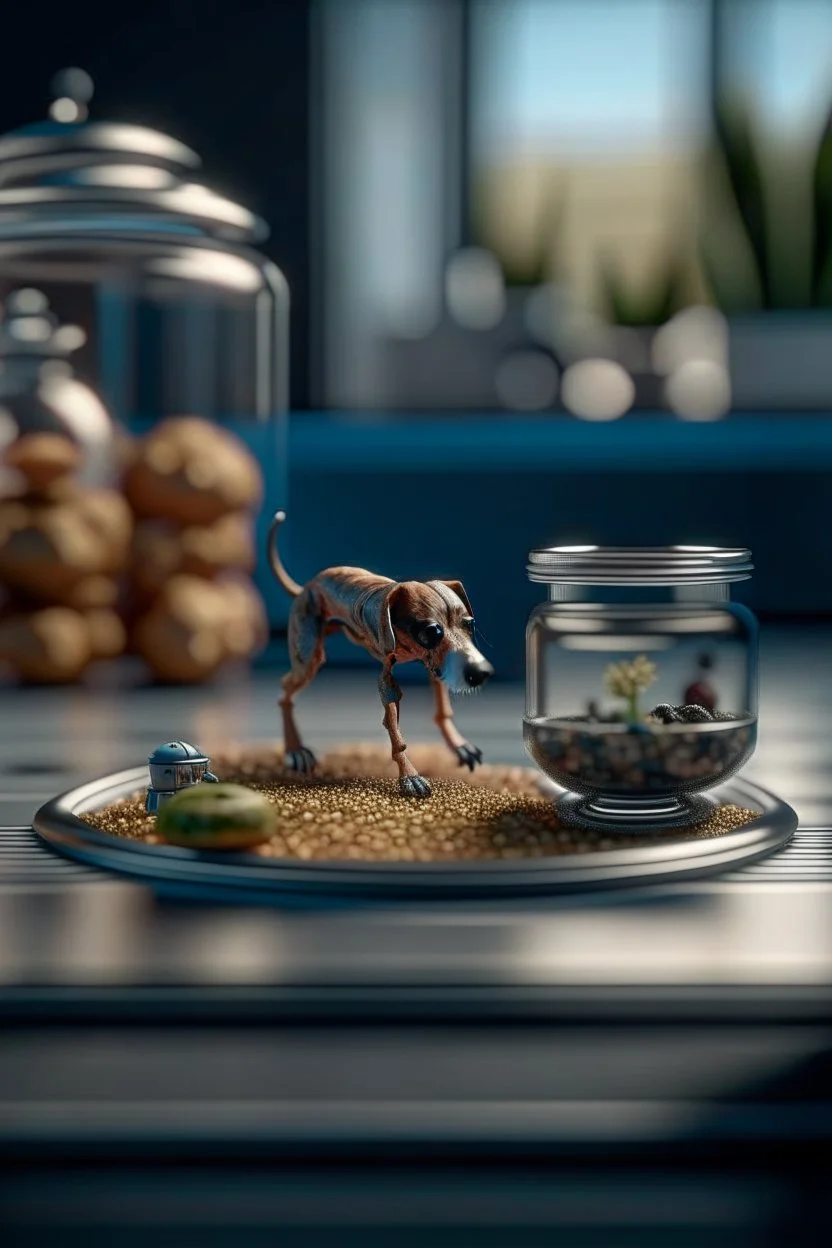 macro photo of dog ant on isometric model on beautiful luxury kitchen table, glass walls and tunnels in isometric perspective, photo-realistic, shot on Hasselblad h6d-400c, zeiss prime lens, bokeh like f/0.8, tilt-shift lens 8k, high detail, smooth render, down-light, unreal engine 5, cinema 4d, HDR