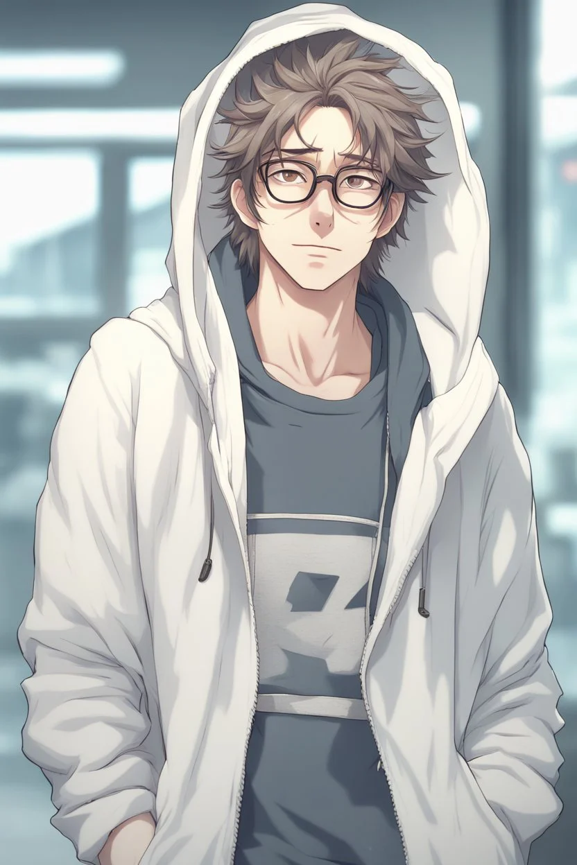 Anime man with glasses, messy hair, wearing a hooded sweatshirt, slight smile, realistic