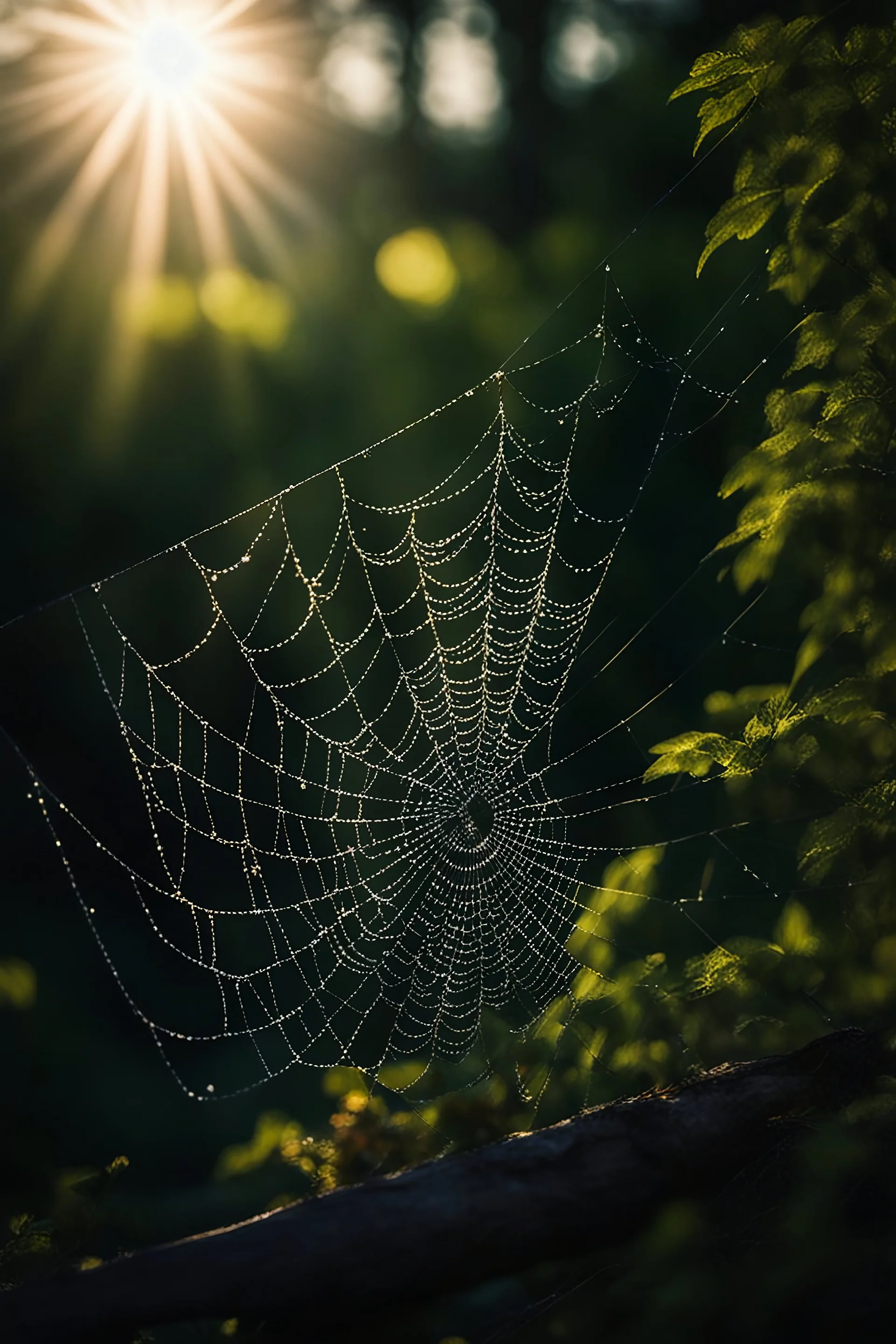 A very fine spider web crepuscular lighting, unsplash photography, BOKEH shot style of time-lapse photography, fujifilm provia 400x, 100mm lens, luminous shadows, renaissance-inspired , home and garden, wildlife nature photography, HDRI.