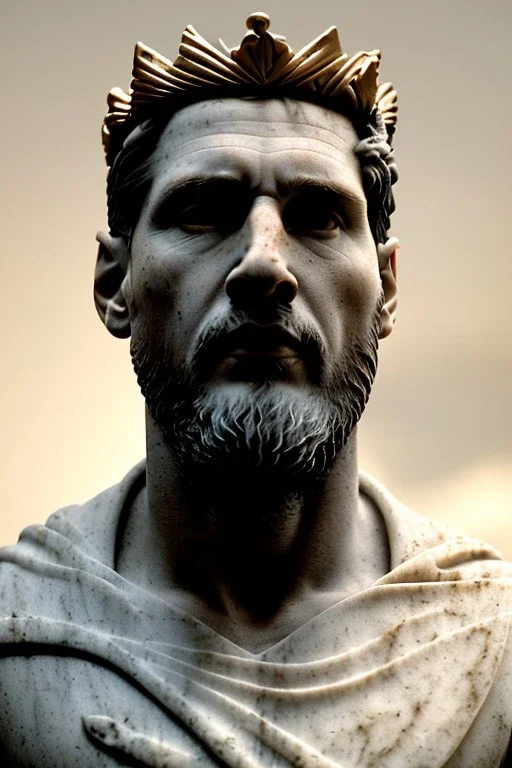 Ultra Realistic image, Roman sculpture, white marble material, Lionel Messi, gold crown of natural thorns, god crown, Renaissance style, sun rays background, waist up portrait, epic, celestial, cinematic lighting, God lights, 4k resolution, smooth details, soft lighting, unreal engine 5, art station, substance 3d.