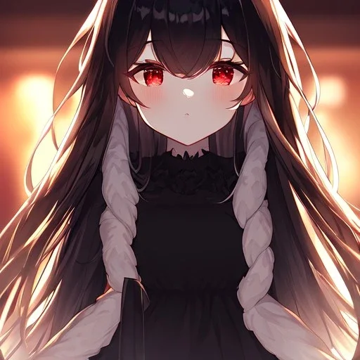 Clear focus,8k,Beatiful Lighting,Detailed,black long hair,fluffy hair, long fluffy bangs, red eyes, wearing a black outfit with a short black skirt