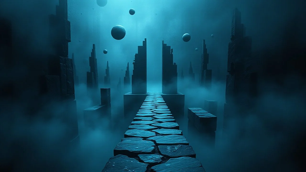 passage over nothingness, surreal, dark and cold abstract artwork dominated by deep blue, icy cyan, charcoal black and muted steel-grey tones. An narrow passageway emerges from an abstract distorted weird landscape, surrounded by thick fog and drifting mist. The space feels nightmare, alien and unsettling, with floating circles and balls geometric forms, fragmented architecture, perspective. At the center of the composition cracked stone way over abyss