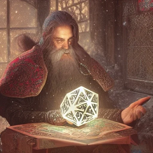 Insanely detailed photograph of an “D&D cleric santa holding glowing D20” with intricate detailed beard, intricate embroidered clothing, hyperdetailed painting by Ismail Inceoglu Huang Guangjian and Dan Witz CGSociety ZBrush Central fantasy art album cover art,8K, hdr, mysterious, ominous, snowflakes,jolly