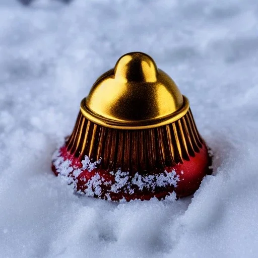 long shot of exquisite tiny gold bell half buried in snow, warm colors, soft lighting, snowdrift, long shot