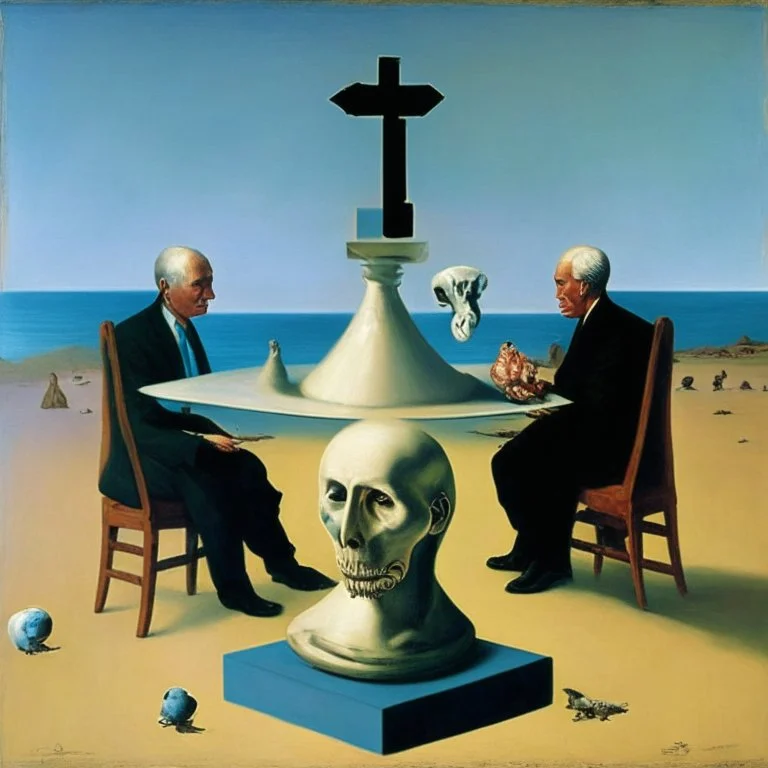 Putin, President Xi Of China And Joe Biden Play Chess With A Pigeon,Ufo And Atomic Bomb Mushroom Cloud,Complex Surgical Instruments Intermixed With A Newborn Boy,Minimalism,Painting By Adrian Ghenie,Rene Magritte,Pablo Picasso,Michelangelo,Salvador Dali,Lucian Freud