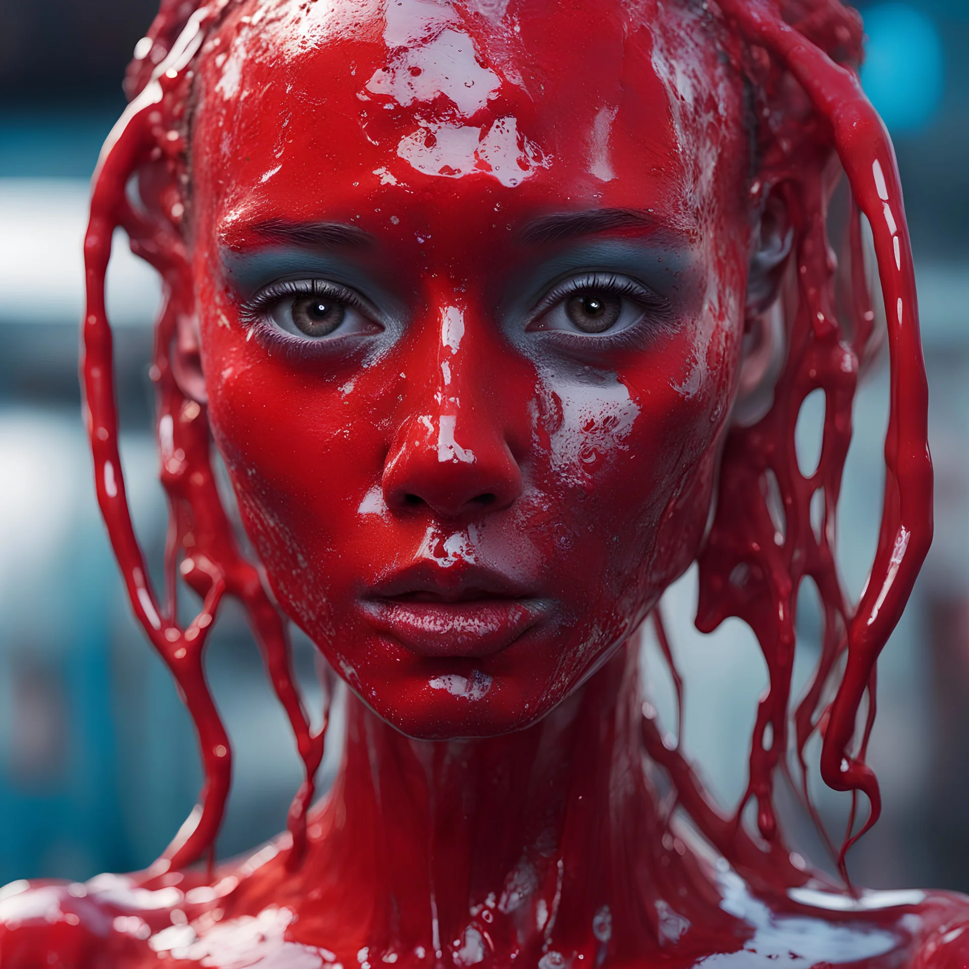 a close up of a person with paint on their face, by Mike Winkelmann, female full-skin figure, character is covered in liquid, perfect android girl, still frame from a movie, stylized beauty portrait, terminals, striking visuals, depicted as a 3 d render, red skin, anthropomorphic humanoid, shot with Sony Alpha a9 Il and Sony FE 200-600mm f/5.6-6.3 G OSS lens, natural ligh, hyper realistic photograph, ultra detailed -ar 1:1 —q 2 -s 750)