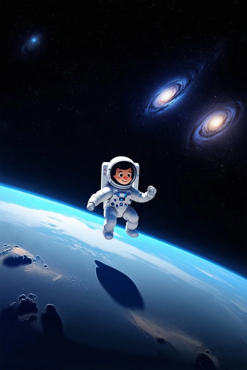 A small falling cartoon astronaut floating in space over a dim background with lots of distant stars and galaxies and quasars and nebulas. Realistic textures and grains. Render in HD 8K quality. High quality textures and details.