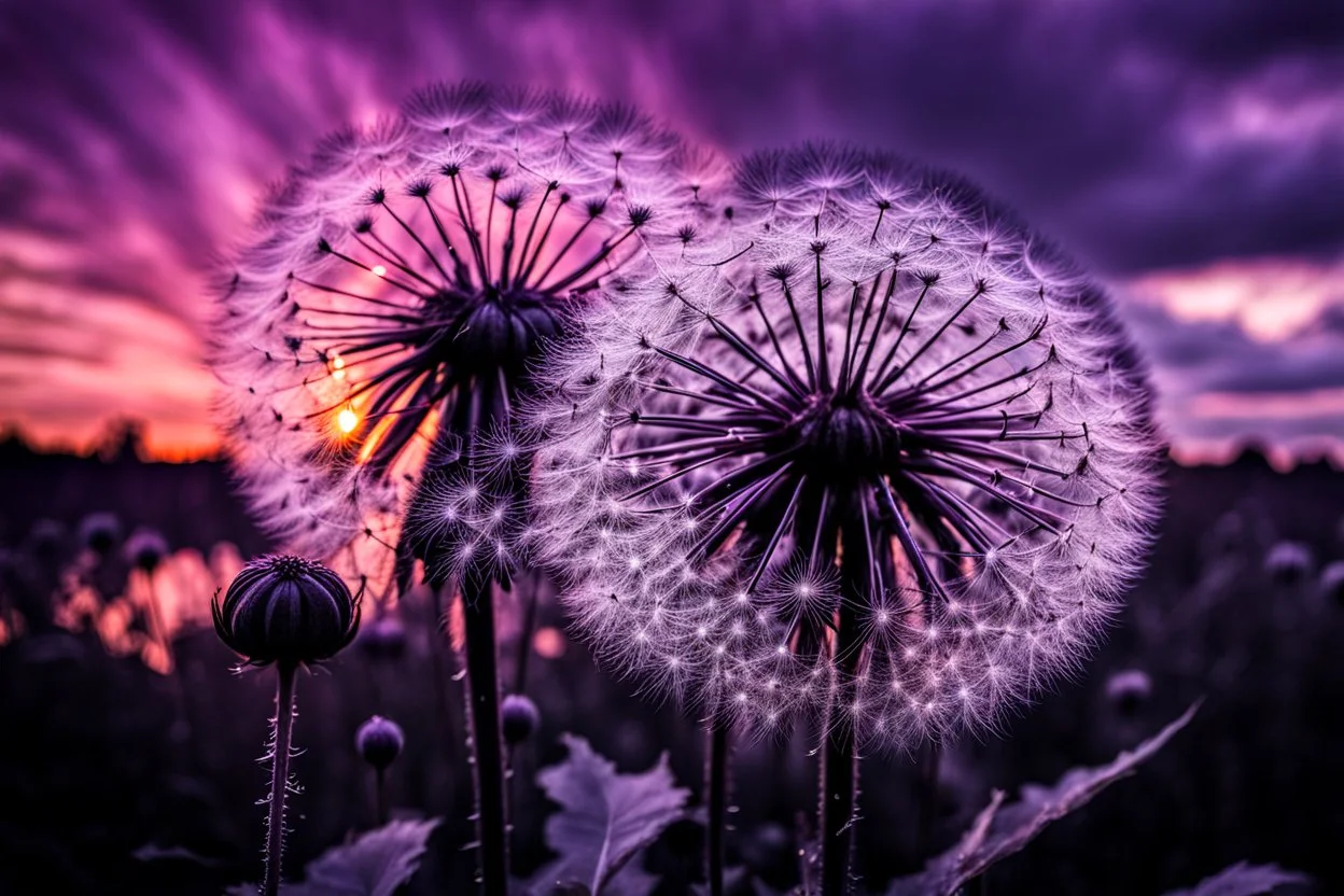 dark purple Sunset with big black Dandelions, , high textures, surreal, weird, white-black colors, silver rain, sharp focus, splash art, intricately detailed, mystic, dark stunning mood