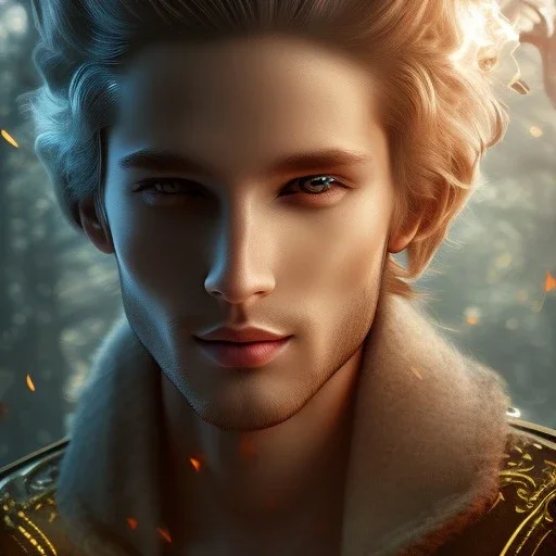 Male, Human, Blond, Sorcerer, Fire Mage, Golden Eyes, Young, Photorealism, Full Body Shot, Forest Background