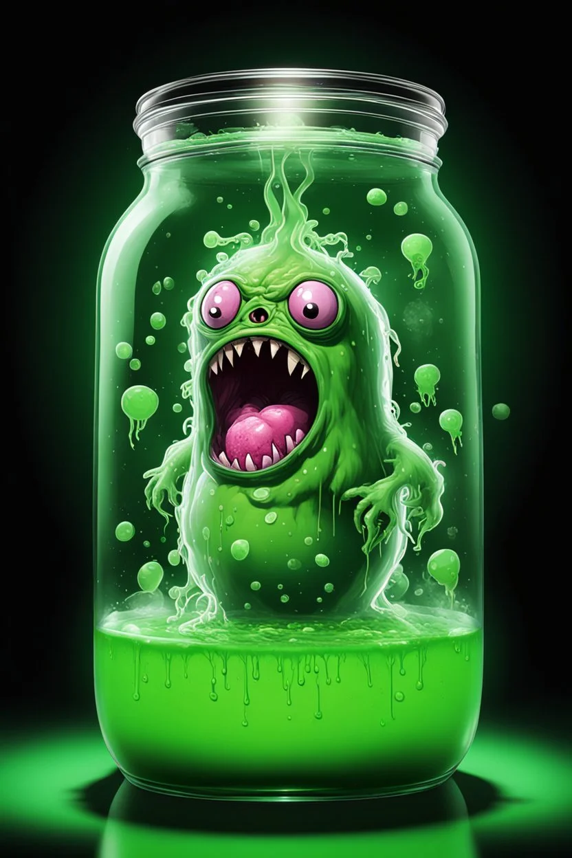 monster fetus in a giant jar with radioactivity stickers, floating in green liquid and it's alive, it's angry, in a dark laboratory