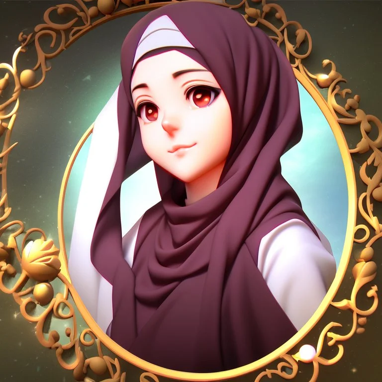 3d anime Only the face Muslim Pretty impressive women inside a circular frame,Portrait image,professional look