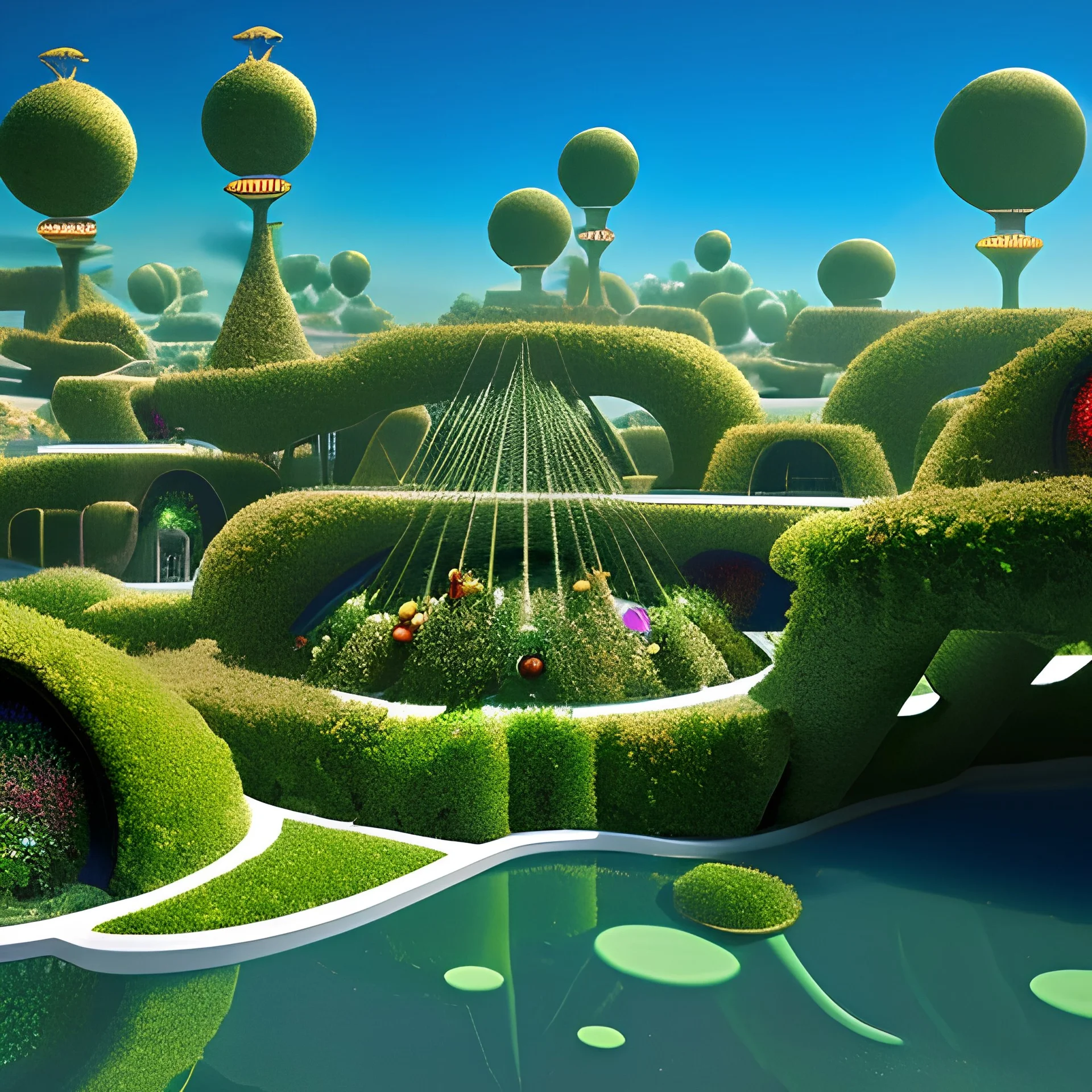 Hydroponic gardens in a surreal setting, using algorithmic designs to produce organic and sustainable crops in the style of Joan Miró and Wassily Kandinsky.