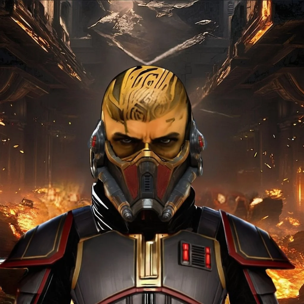 star wars bald male corellian jedi wearing gunmetal grey and black old republic armored flightsuit with gold and metallic red trim inside the jedi temple, centered head and shoulders portrait, hyperdetailed, dynamic lighting, hyperdetailed background, 8k resolution, volumetric lighting, light skin, fully symmetric details