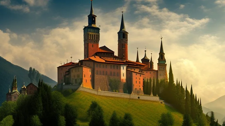 Huge medieval monastery at the top of a hill in northern Italy