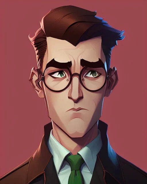 Fit man in round glasses, wavy hair, stubble,no beard, slim, tie, monotone, green eyes, comic book style, two tone colours, detailed, ink, realistic, handsome, square jaw, big brows, no jacket, bird on the shoulder, spotlight