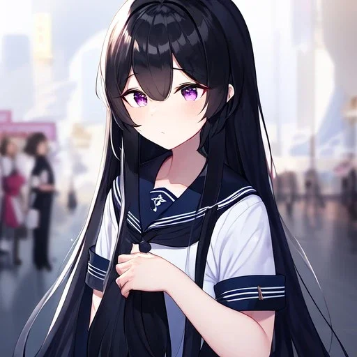 Clear focus,High resolution, Black long fluffy hair, long bangs, and purple eyes, Depressed girl, wearing a sailor uniform, frowning