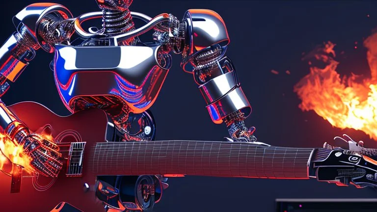 4K, robot-style terminator playing guitar in a burning radio studio.