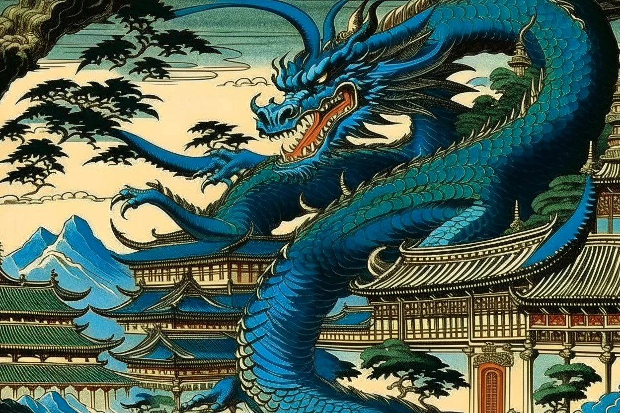 A dark blue dragon palace painted by Utagawa Hiroshige