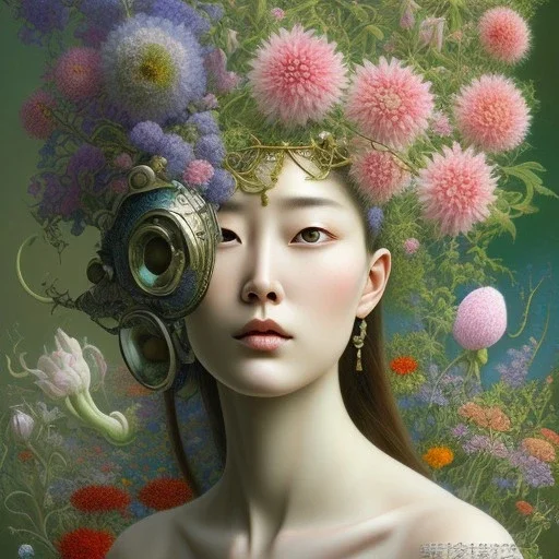 a painting of a woman surrounded by flowers, a surrealist painting, by Ikuo Hirayama, naotto hattori, detailed face with mask, draped in rich green and pink, gong li, ayami kojima and yoshitaka amano, alexey egorov, stems, (collage), hiromasa ogura, yang qi --ar 2:3