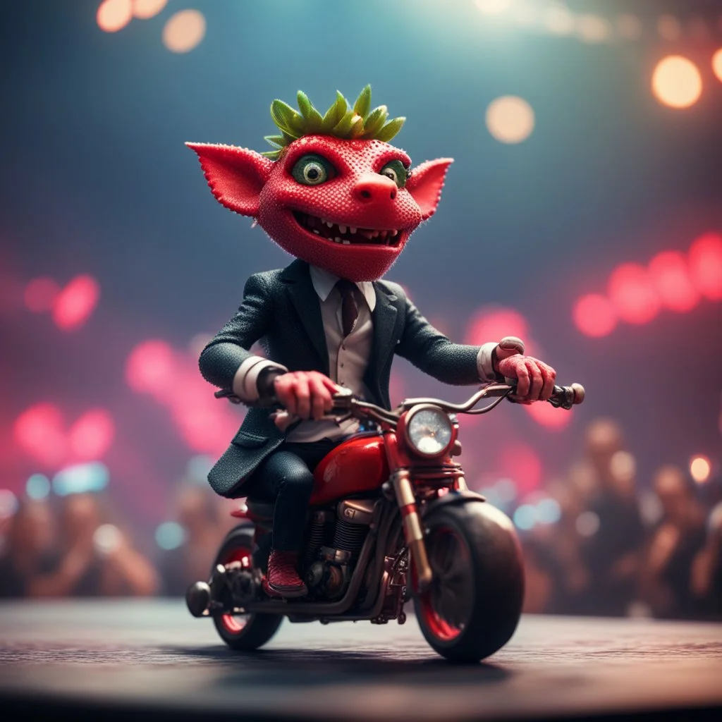 heavy metal kobold strawberry beast business man on motorbike in spots on concert stage ,bokeh like f/0.8, tilt-shift lens 8k, high detail, smooth render, down-light, unreal engine