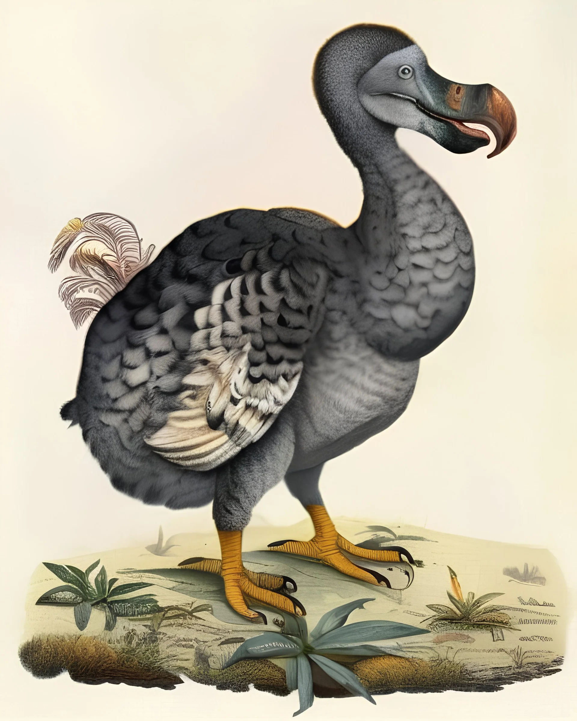 John James Audubon-like illustration of a fully uncropped Dodo bird and a Platypus in a landscape of warm yellows, warm reds, and warm blues