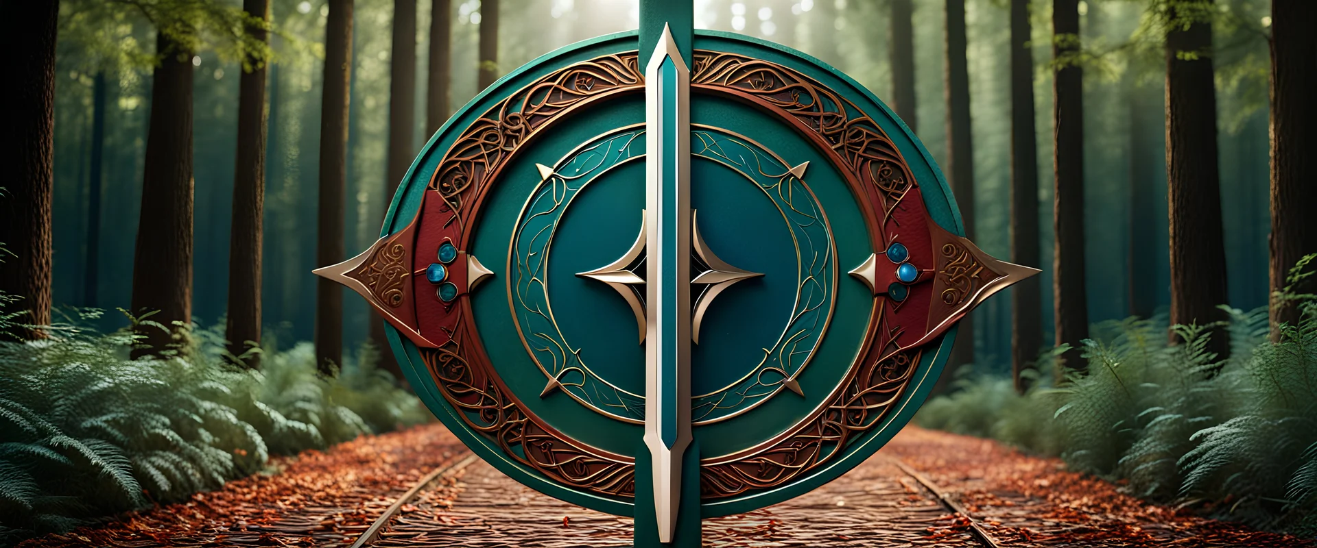 High-end hyperrealism symmetrical ARD logo ((logo ARD)) sword shape, inspired cinematic photography, symmetry forest alley background, Aesthetic combination of sage green and blue metallic and honey red, Vintage style with brown pure leather accents, Art Nouveau visuals with Octane Render 3D tech, Ultra-High-Definition (UHD) cinematic character rendering, Detailed close-ups capturing intricate beauty, Aim for hyper-detailed 8K