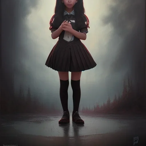 Jenna ortega as wednesday with black school uniform, seifuku, pleated dress, overknee socks, painted by artgerm and tom bagshaw, fantasy art, dramatic lighting, highly detailed oil painting, volumetric lighting