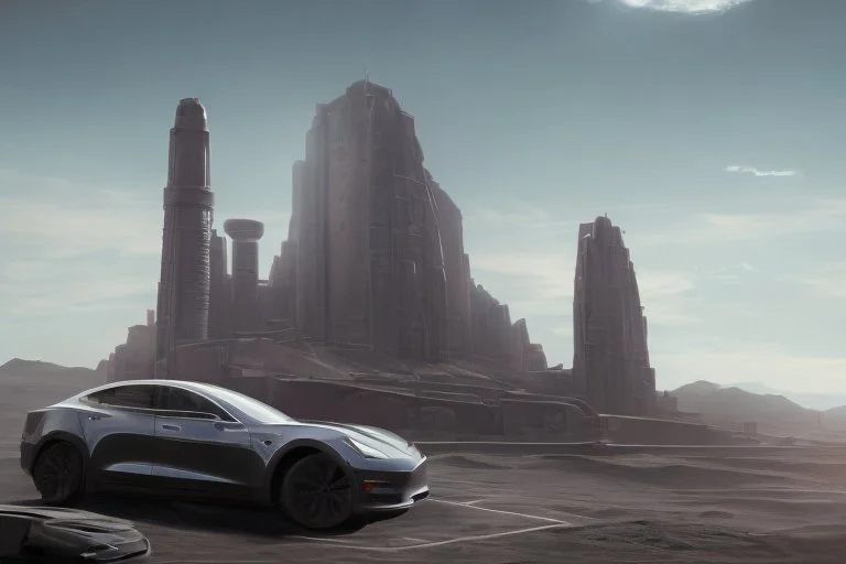 A Tesla 'Model Y' is drifting at top speed, in the 'Cloud City' of Bespin. CINEMATIC. WIDE ANGLE LENS. PHOTO REAL.