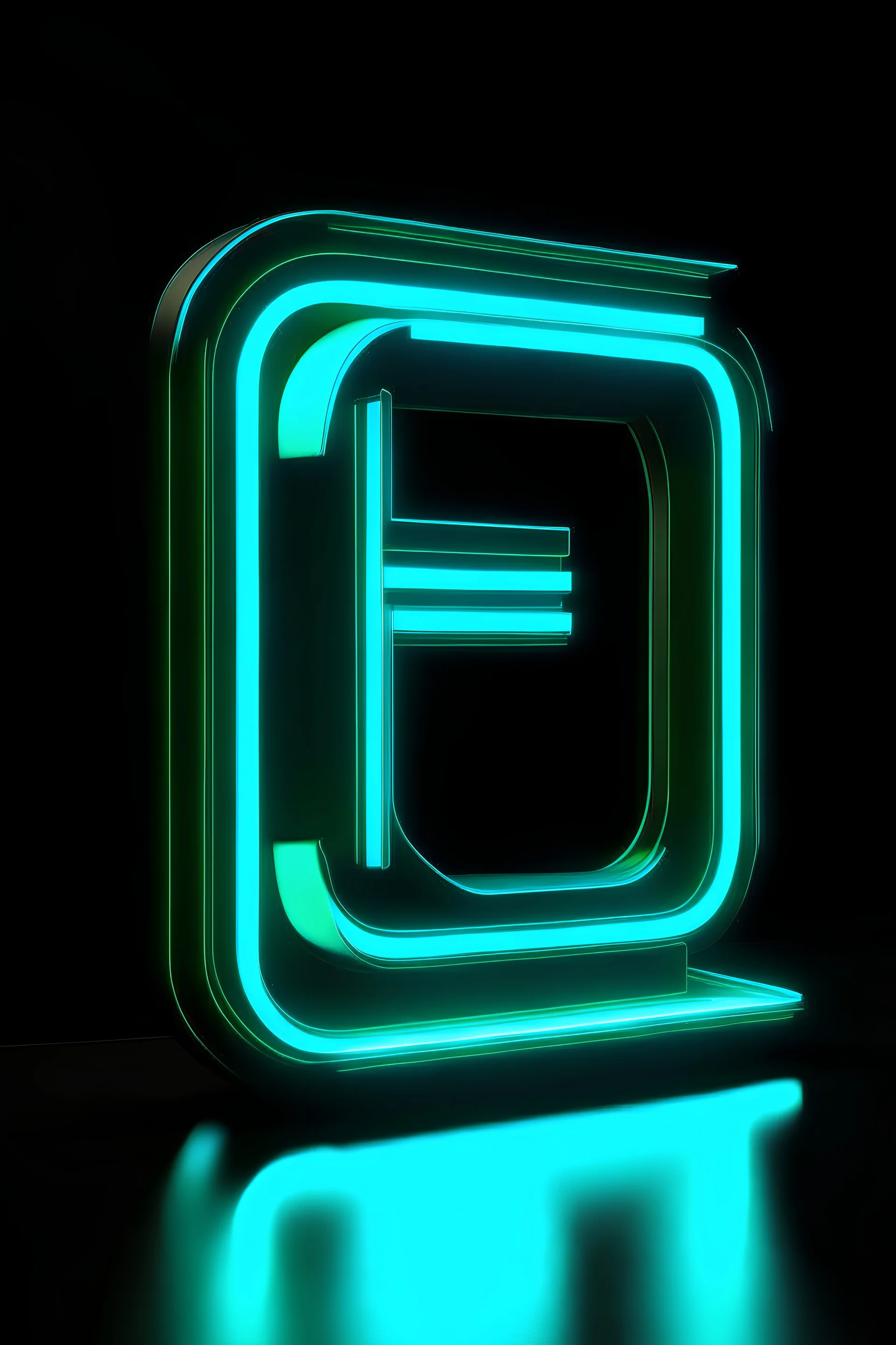 Render image of letter E inside frame, all in cyan color and neon sign style. Front view image