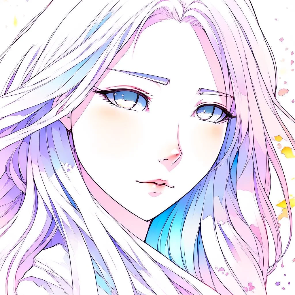 a close-up headshot of a shy young woman with long white hair, silver eyes with long lashes, slim delicate build, sickly complexion, soft, cell shaded anime style, intricately detailed, splotchy watercolor background