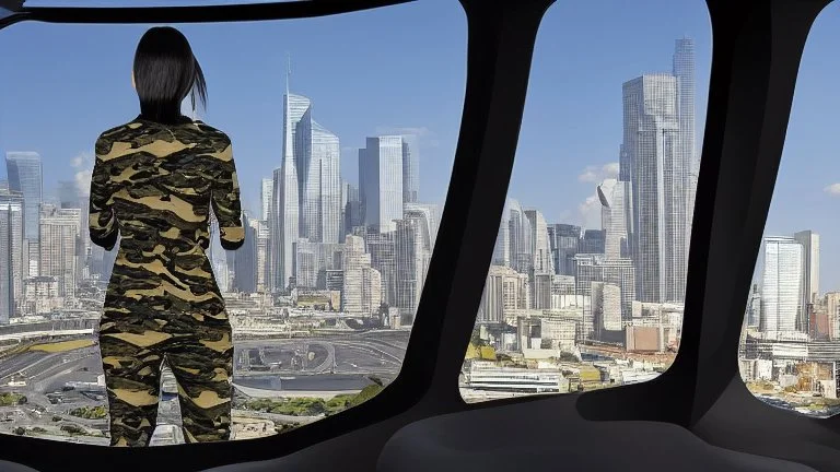 Tall thin woman, with straight black hair, dressed in a camouflaged jumpsuit, looking out from the rear of a futuristic aircar, on a tarmac runway, with a city skyline in the distance