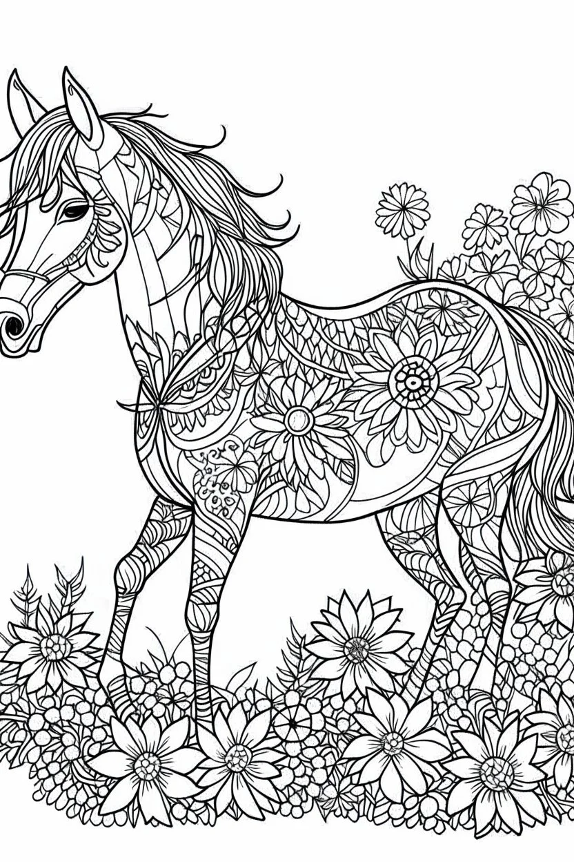 outline art for horse coloring pages with horse and flowers, white background, Sketch style, full body, only use outline, clean line art, white background, no shadows and clear and well outlined