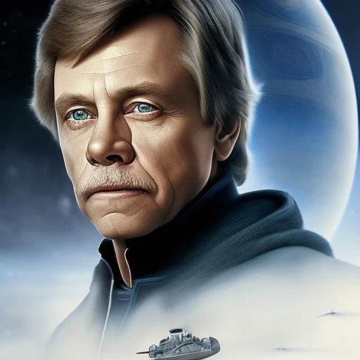 extremely detailed 8k hyperspace wallpaper,complete and photo realistic detailed head to waist stunning photo realistic portrait of mark hamill as luke skywalker in star wars with short lenght, Symmetrical, soft, fine, warm, photo realistic hair, blue eyes, professional majestic photo realistic painting by Ed Blinkey, Atey Ghailan, by Jeremy Mann, Greg Manchess, Antonio Moro, trending on ArtStation, Intricate, High Detail, Sharp focus, dramatic, by greg rutkowski, rough face, pilot jacket