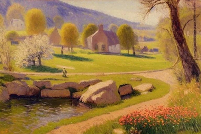 Sunny day, grass, spring, flowers, distant house, Rocks, trees, mountains, river, very epic, otto pippel impressionism paintings