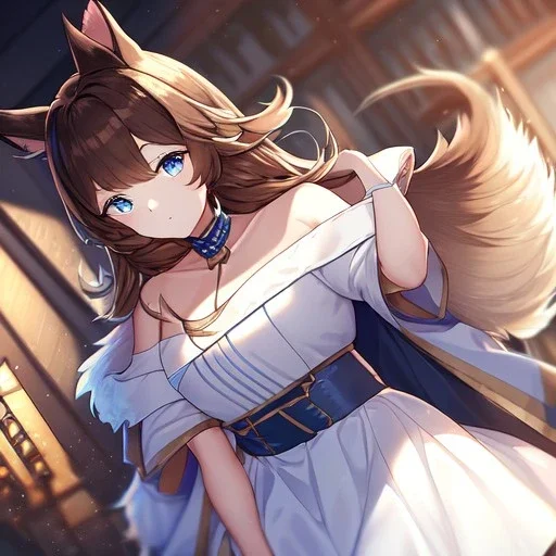 Clear focus, High resolution, Long fluffy brown hair, blue eyes, wearing a white skirt, detailed outfit, wearing a jacket oversized off shoulder, rough line, hair above ears, dog ears, off shoulder white shirt, chopped bangs, parted hair, medium locks