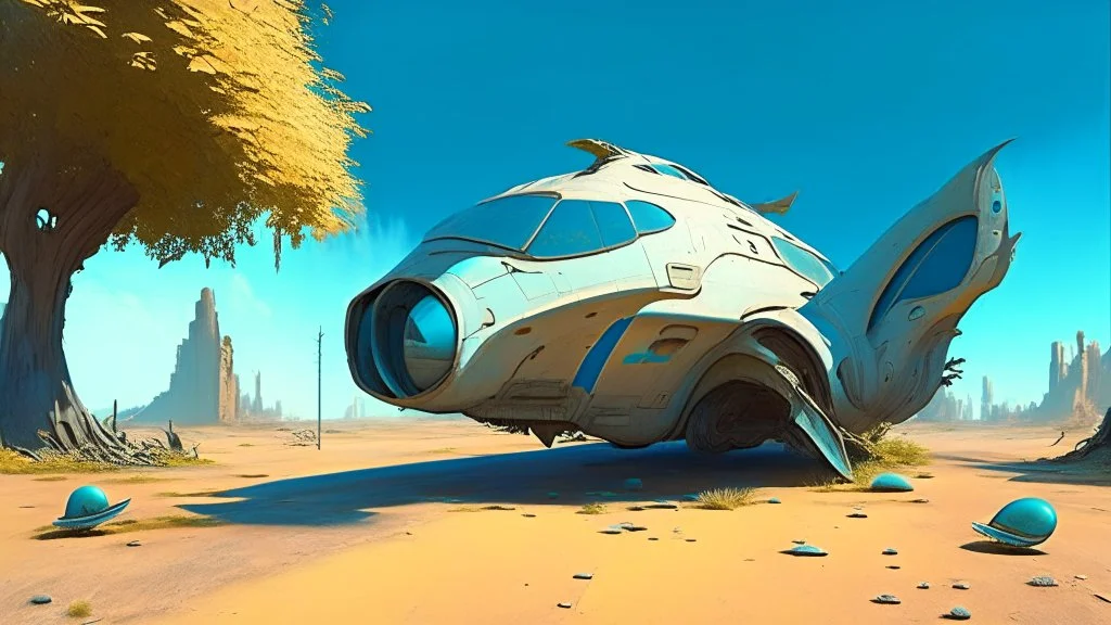 Small, sleek cargo spaceship, built like a teardrop, landing in an empty ruined alien street, blue sky, foliage