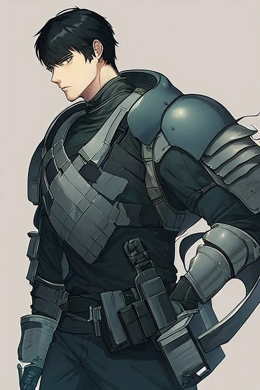 Male version of Motoko Kusanagi from "Ghost In The Shell (1995)", knight in steel plate armour, long black hair, pretty face, dignified, alone, slender