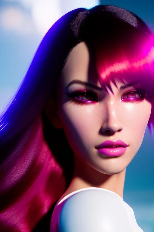 Ruby Cruz, Futuristic cyborg, portrait from waist up, vibrant hair color, vibrant eye color, intricate eyeliner, vibrant eyeshadow, clear completion, soft lighting, 4k resolution, intricate details, insanely detailed, colorful cityscape background, masterpiece, expert, cinematic smooth, retroanime style, realistic details, no helmet