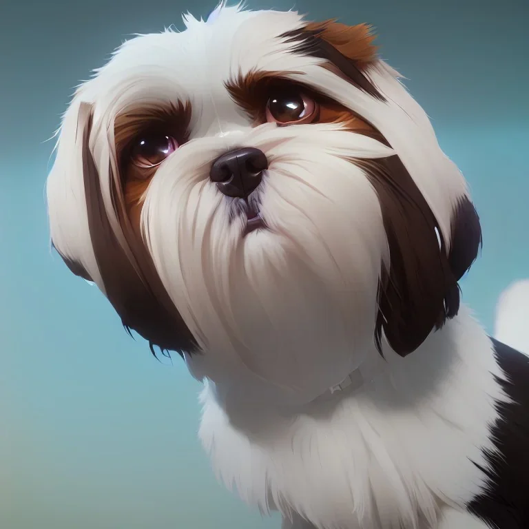 A portrait of only happy shih tzu white and brown dog by Greg Rutkowski, Sung Choi, Mitchell Mohrhauser, Maciej Kuciara, Johnson Ting, Maxim Verehin, Peter Konig, 8k photorealistic, cinematic lighting, HD, high details, dramatic, atmosphereric, trending on artstation