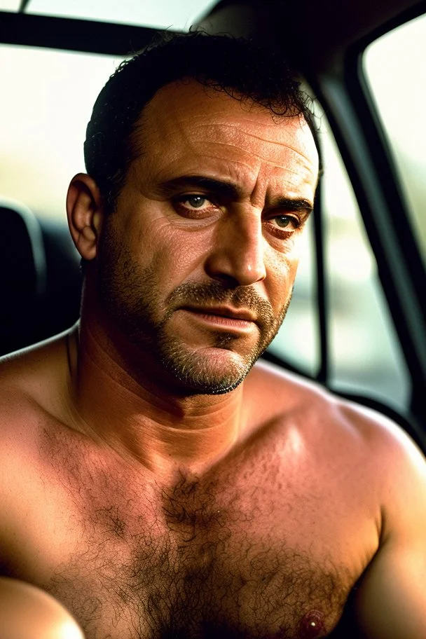 full body shot photography of an Italian sicilian taxi driver burly ugly sitting in the taxi, chubby tired 55 years old driving shirtless, bullneck, thin gold chains, short beard, sweat, short hair, bulge, robust, manly chest, looking down, big shoulders,, photorealistic, side light, ambient occlusion, tired eyes. 35mm lens, internal view inside the Taxi