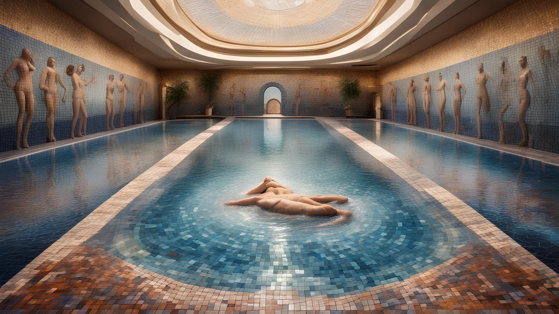 Superb pictorial multicoloured mosaic floor, walls with pictures of bathers and swimmers, swimming pool, water feature, relaxation, luxury, dream world, calm beauty, symmetry, fantasy world, magic, beautiful composition, exquisite detail, 135mm lens, adjust perspective, chiaroscuro, dynamic lighting