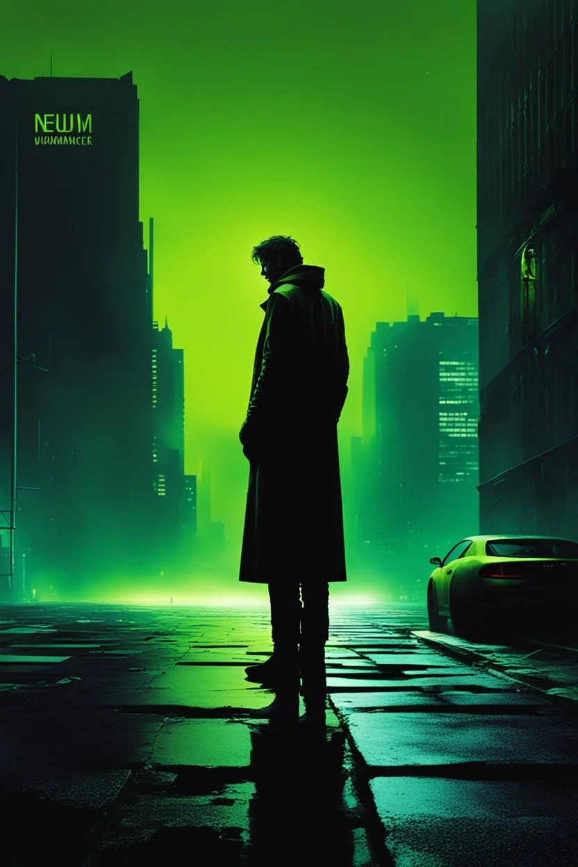 A powerful, thought-provoking image of a solitary, weary figure standing in a desolate, urban landscape. The figure, bathed in a eerie chartreuse light, seems to be contemplating the weight of their actions. The tagline 'NEUROMANCER' is displayed prominently, evoking a sense of moral dilemma and guilt. The background features a dark, ominous sky, and the overall atmosphere is haunting and introspective