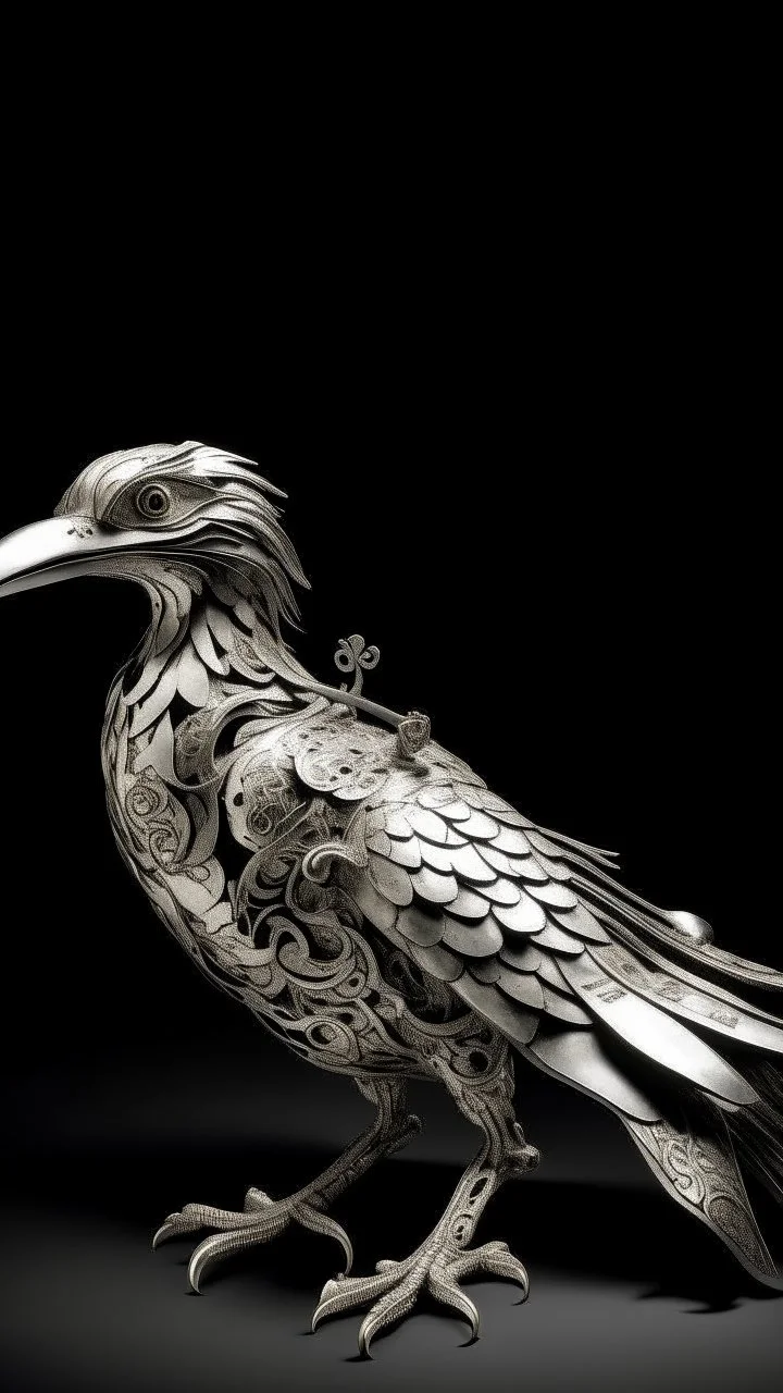 A silver colored wind elemental raven designed in Javanese shadow puppets painted by Katsushika Hokusai