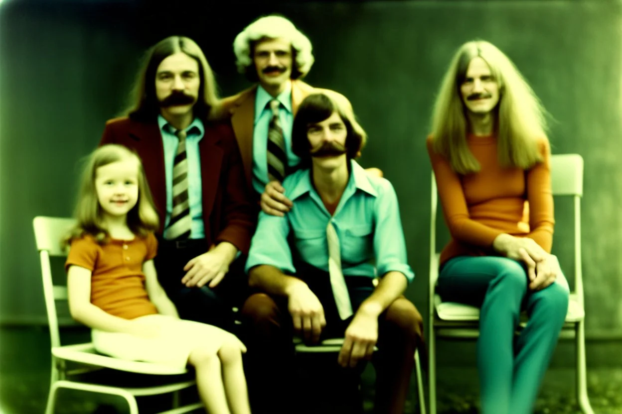 Awkward Family Photo, old and young sitting on chairs, weird smiling, long 1970 hair and mustasch, polaroid camera