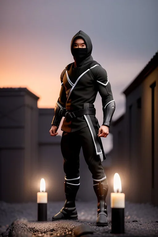 muscular ninja assassin, athletic build, wearing black and gray baggy pants with pockets, black hood and black balaclava mask, big boots, buckles, straps, daggers, dark hazel eyes, eyes are both in proportion and green, 3/4 look, standing, dark cobblestone alley, candle light behind head, intense, lifelike, unreal engine, photorealistic rendering in the art style of j.scott campbell