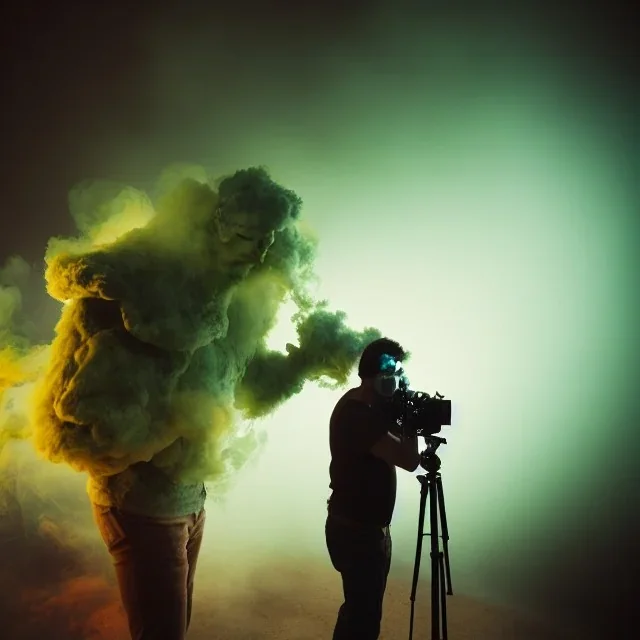 Monster photographer destroing camera in his studio. Smoke. green spot light. Particles in the air., post-apocalyptic, hyperdetailed, long shot, bokeh, studio lighting, low-key lighting, kodachrome