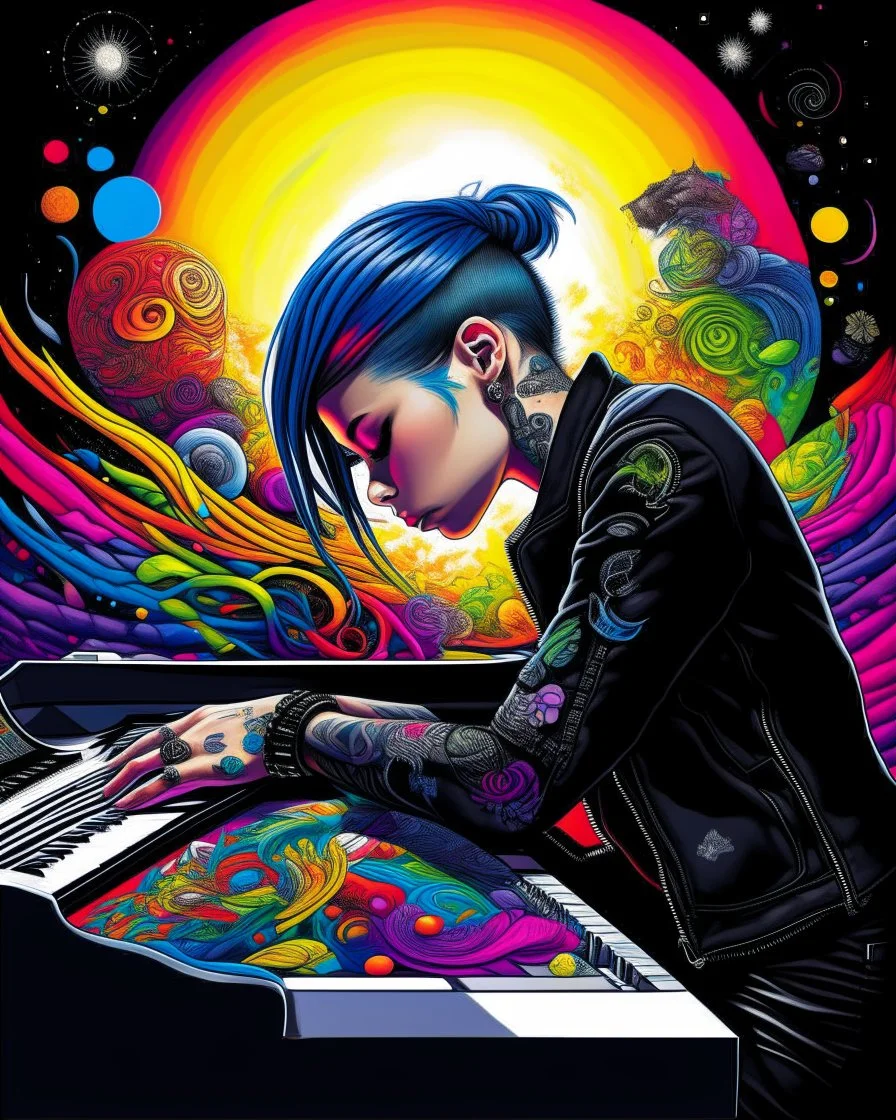 "Midnight Serenade unique" low view angle shot down rainbow sky , large close up a beautiful young girl with a tattoos and punk style hairstyle wearing a cool black leather jacket like rocker style and playing the piano , granite terrazzo motifs with puzzle modern , clothing is decorated with colorful filigree abstract, Collage chutes papiers magazines,Spirograph background by Nisa Kiley, Textile Artist،