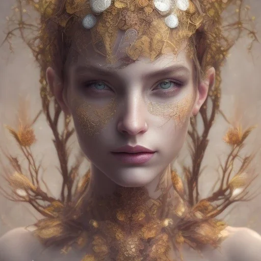 Portrait of beautiful girl, plant, metal, feathers, Dryad, fae, sidhe, ominous, nature, plants, wildflower, facepaint, dnd character portrait, intricate, oil on canvas, masterpiece, expert, insanely detailed, 4k resolution, retroanime style, cute big circular reflective eyes, cinematic smooth, intricate detail , soft smooth lighting, soft pastel colors, painted Renaissance style, 800mm lens