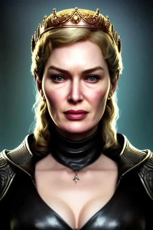 Cersei Lannister as evil queen in black leather, busty, cleavage, curvy, lena headay, angry, stern look. character design by cory loftis, fenghua zhong, ryohei hase, ismail inceoglu and ruan jia. unreal engine 5, artistic lighting, highly detailed, photorealistic, fantasy