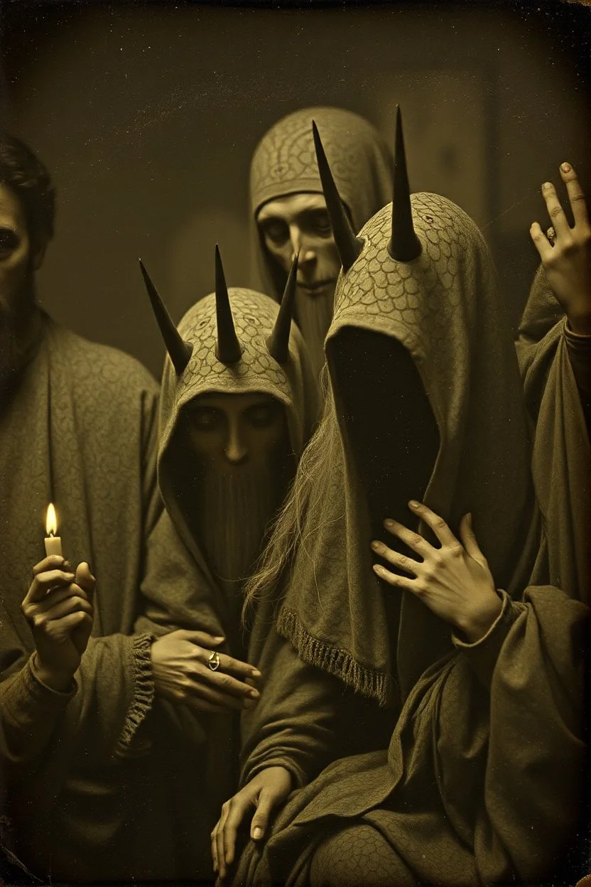 Daguerrotype close up some mysterious figures, odd background, Hieronymus Bosch, ambient light, by Minicavio Quollati and Marlost Endgulp, Amano, Botticelli, Alphonse Mucha, Max Ernst